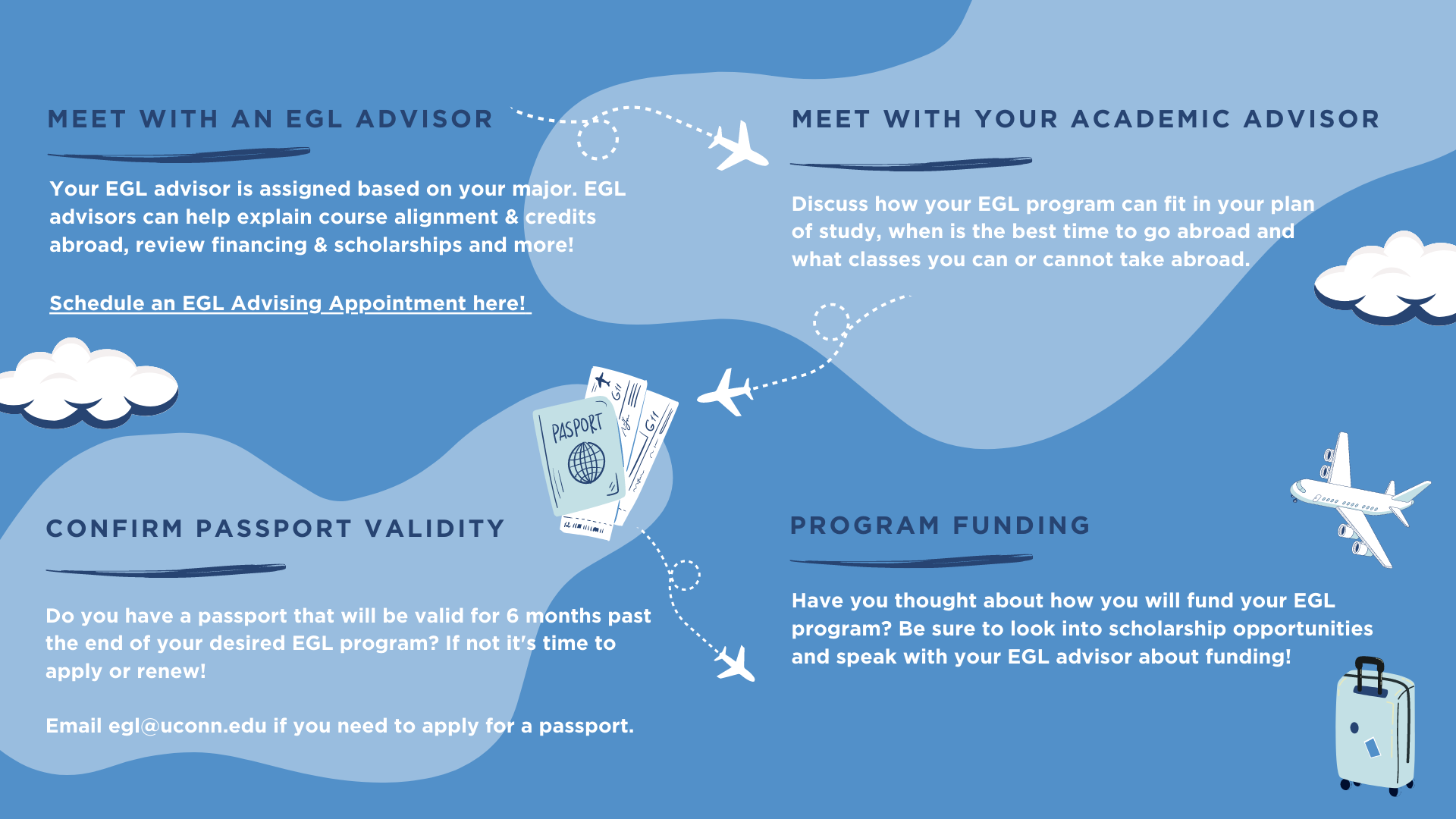 Meet with an EGL Advisor. Your EGL advisor is assigned based on your major. EGL advisors can help explain course alignment and credits abroad, review financing and scholarships and more! Schedule an EGL Advising appointment here. Meet with your academic advisor. Discuss how your EGL program can fit in your plan of study, when is the best time to go abroad and what classes you can or cannot take abroad. Confirm passport validity. Do you have a passport that will be valid for 6 months past the end of your desired EGL program? If not it's time to apply or renew! Email egl@uconn.edu if you need to apply for a passport. Program funding. Have you thought about how you will fund your EGL program? Be sure to look into scholarship opportunities and speak with your EGL advisor about funding! UConn Global
